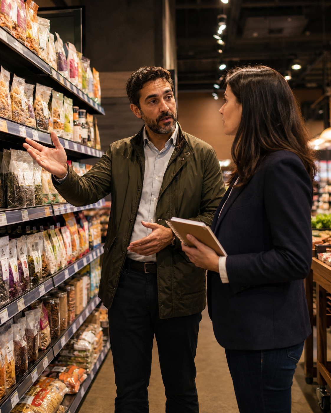 Retail advisors discussing products in a store aisle
