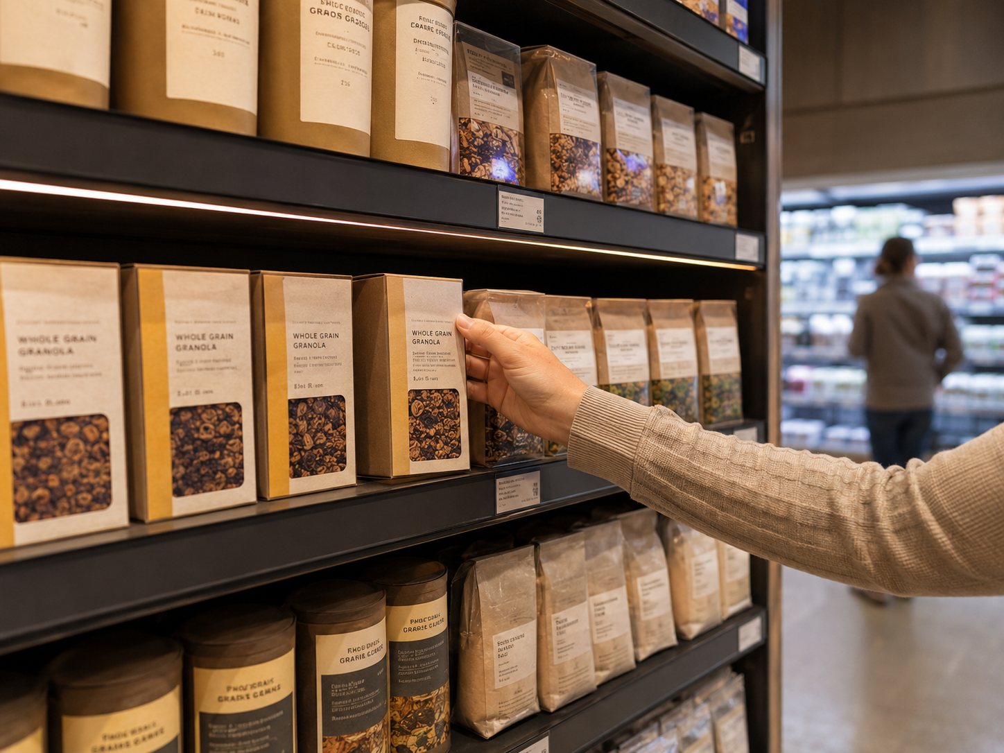 Curated packaged goods shelf with a hand reaching for a product