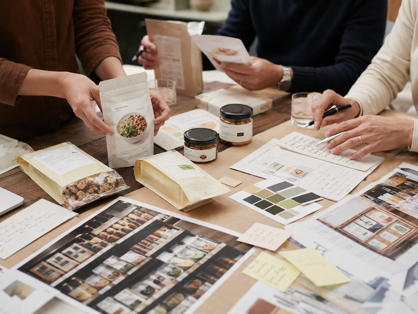 Retail readiness workshop with packaging samples and notes
